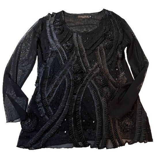 Vintage Blouse M Black Silk Blend Beaded Embellished Holiday Evening Party Top - Picture 1 of 10
